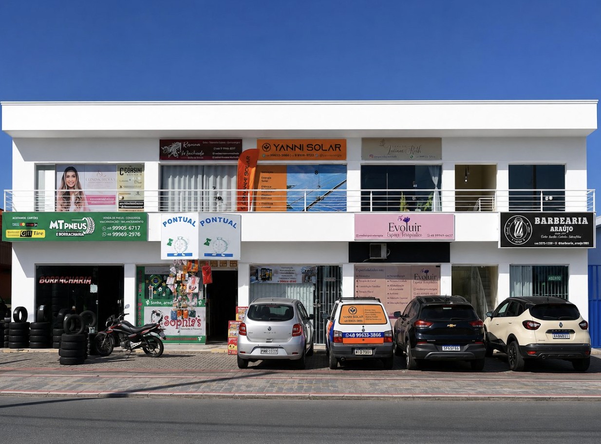 Fachada do centro comercial que abriga a Unidade 2 — Filial Yanni Solar em Palhoça